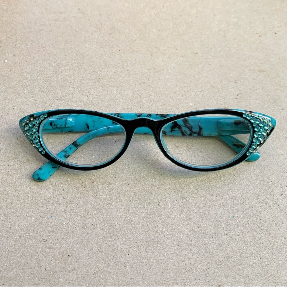 Turquoise blue cat eye readers w/ crystal accents